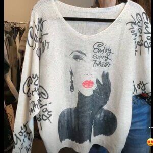 ShopEvelynne White Sweater with Black Portrait and Red Lips